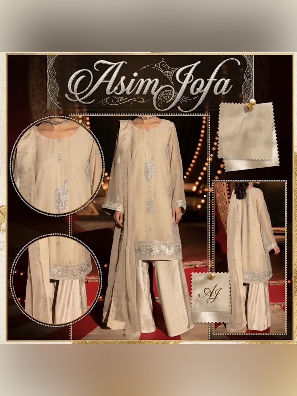 Elegant Pakistani Beige Embroidered stitched 3pc Suit by Asim Jofa